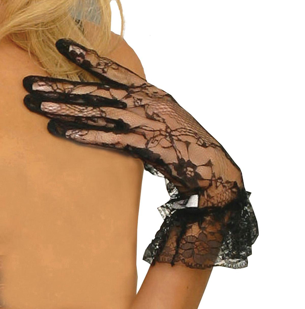 Lace wrist length gloves with ruffle trim.