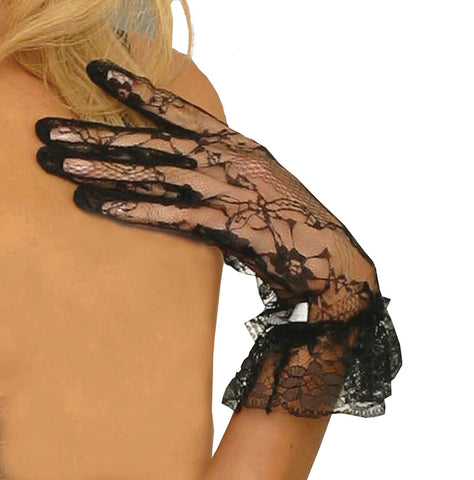 Lace wrist length gloves with ruffle trim.