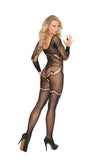 Long sleeve crochet bodystocking with floral design and open crotch.