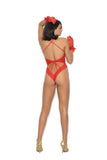 Mesh and lace teddy embellished with bows and a thong back. Matching mesh gloves included.