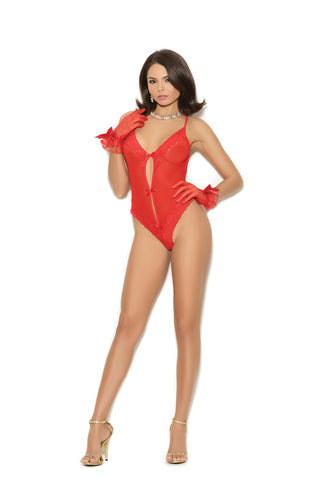 Mesh and lace teddy embellished with bows and a thong back. Matching mesh gloves included.