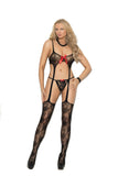 Lace suspender bodystocking embellished with bows and matching g-string.