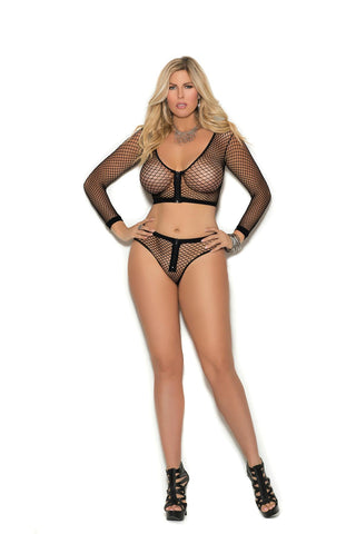 Long sleeve fence net cami top with zip front and matching booty shorts.