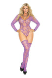 Sheer long sleeve hexagon pattern teddy and matching stockings.