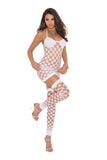 Diamond net halter neck mini dress, g-string and footless thigh hi's.