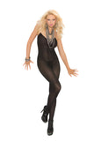 Opaque bodystocking with spaghetti straps and open crotch.
