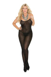 Opaque bodystocking with spaghetti straps and open crotch.