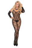Bow tie lace bodystocking with open crotch and matching gloves.