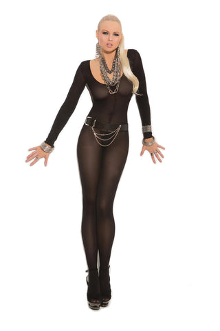 Opaque long sleeve bodystocking with open 
crotch.
