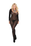 Opaque long sleeve bodystocking with open 
crotch.