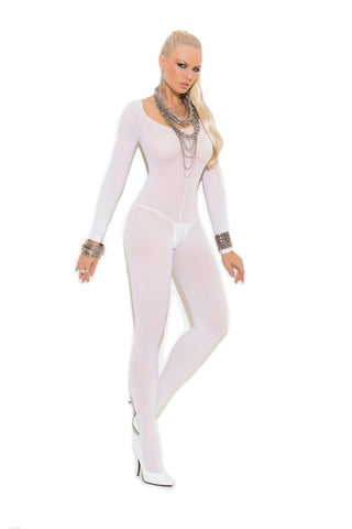 Opaque long sleeve bodystocking with open 
crotch.