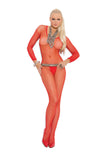 Fishnet long sleeve bodystocking with open crotch.