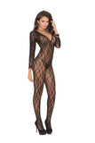 Deep V long sleeve bodystocking with open crotch.