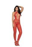 Opaque and diamond net striped bodystocking with open crotch.