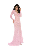 Long sleeve lace gown with deep V front.