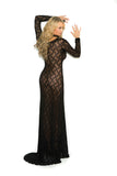 Long sleeve lace gown with deep V front.