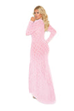 Long sleeve lace gown with deep V front.