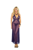 Deep V mesh gown with lace inserts, criss cross adjustable straps and matching g-string.