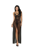 Long mesh gown features front slit, satin bows and front lace panel with lace cups and adjustable straps. Matching mesh g-string included.