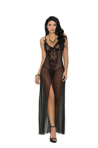 Long mesh gown features front slit, satin bows and front lace panel with lace cups and adjustable straps. Matching mesh g-string included.