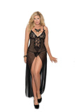 Long mesh gown features front slit, satin bows and front lace panel with lace cups and adjustable straps. Matching mesh g-string included.