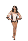Cold shoulder charmeuse night shirt features black lace inserts on shoulders, mesh inserts on sides and lace hem. Matching panty included.