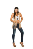 Faux suede vest with fringe detail.