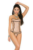 Lycra bustier with contrast trim, clear straps, zipper back and matching g-string.