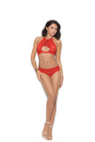 Lace halter style bralette with hook and eye back closure. Matching lace panty included.