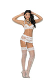 Embroidered mesh underwire bra with adjustable straps and hook and eye back closure. Waist cincher has boning and hook and eye closure. Garters are adjustable and detachable. Matching g-string included.