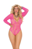 Deep V stretch lace teddy with long sleeves.