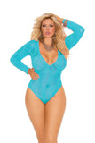 Deep V stretch lace teddy with long sleeves.