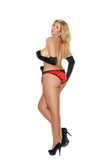 Stretch satin teddy with bow detail, open bust and back ruching.