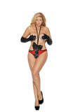 Stretch satin teddy with bow detail, open bust and back ruching.