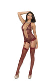 Lace halter style teddiette with ultra deep V neckline, rhinestone front detail and adjustable and detachable garters.