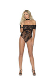 Off the shoulder lace teddy with open lace bottom.