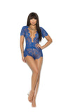 Eyelash lace short sleeve plunge romper with elastic waist and back satin ribbon tie closure.
