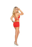 Deep V lycra and net halter neck mini dress with ruched back.