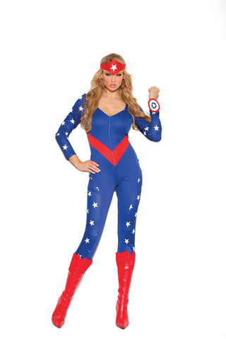 American Hero - 3 pc. costume includes long sleeve jumpsuit, wrist band and head piece.