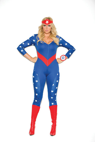 American Hero - 3 pc. costume includes long sleeve jumpsuit, wrist band and head piece.