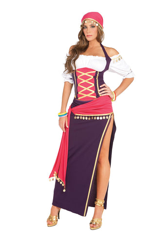 Gypsy Maiden - 5 pc. costume includes off the shoulder halter top, skirt, sash, head scarf and bracelets.