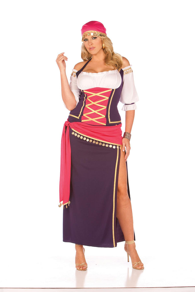Gypsy Maiden - 5 pc. costume includes off the shoulder halter top, skirt, sash, head scarf and bracelets.