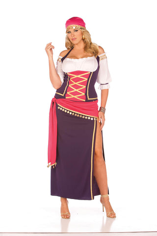 Gypsy Maiden - 5 pc. costume includes off the shoulder halter top, skirt, sash, head scarf and bracelets.