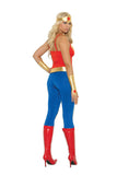 Super hero - 5 pc. costume includes cami top, pants, belt, gloves and head piece.