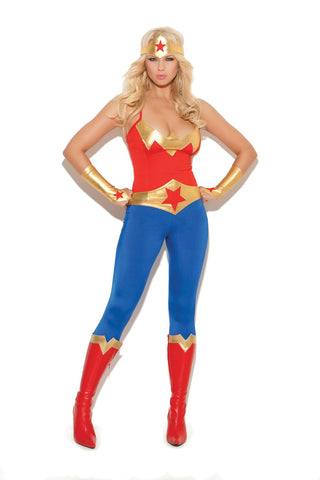 Super hero - 5 pc. costume includes cami top, pants, belt, gloves and head piece.