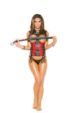 Leather corset with lace up front detail, adjustable buckles, lycra back and side zipper closure.