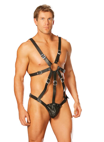 Leather harness with attached pouch.