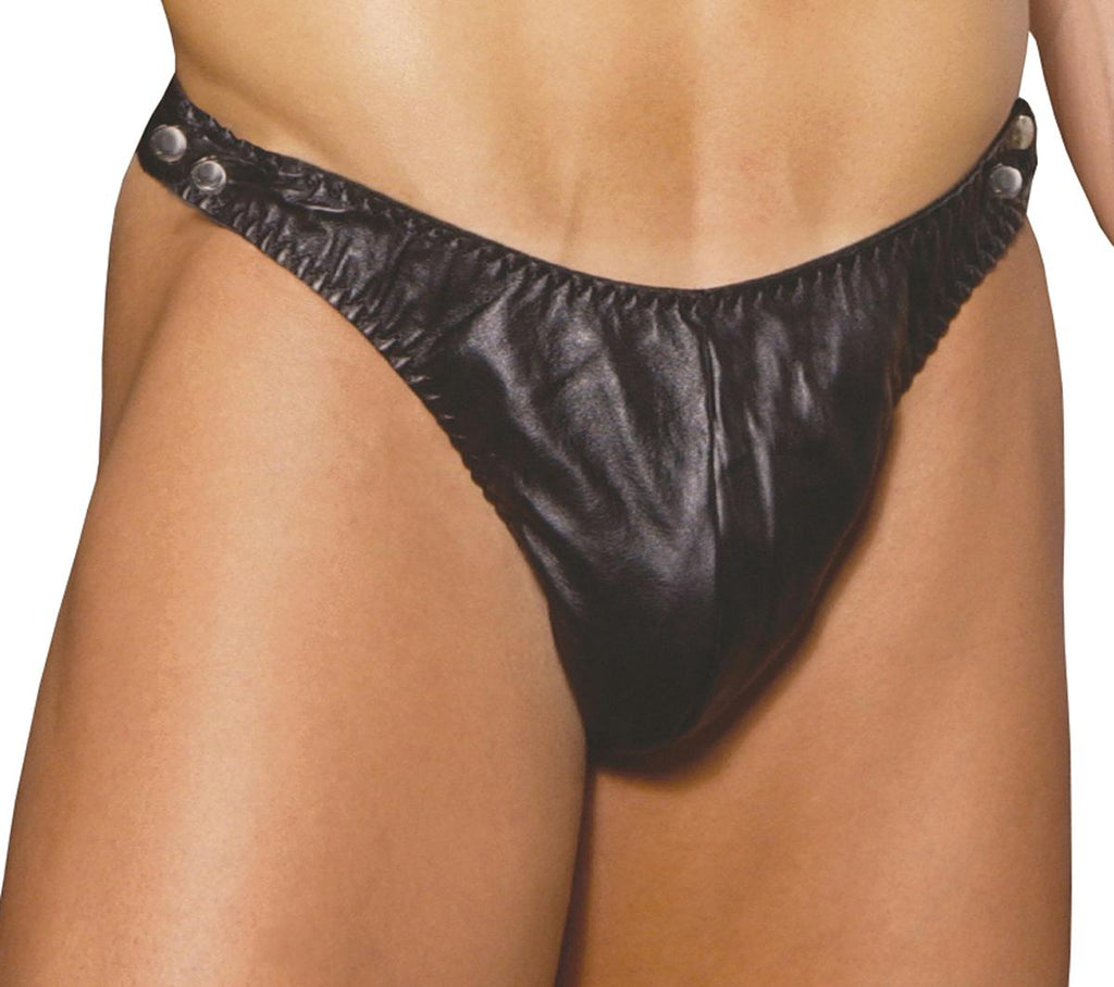 Men's leather thong with side snaps.
