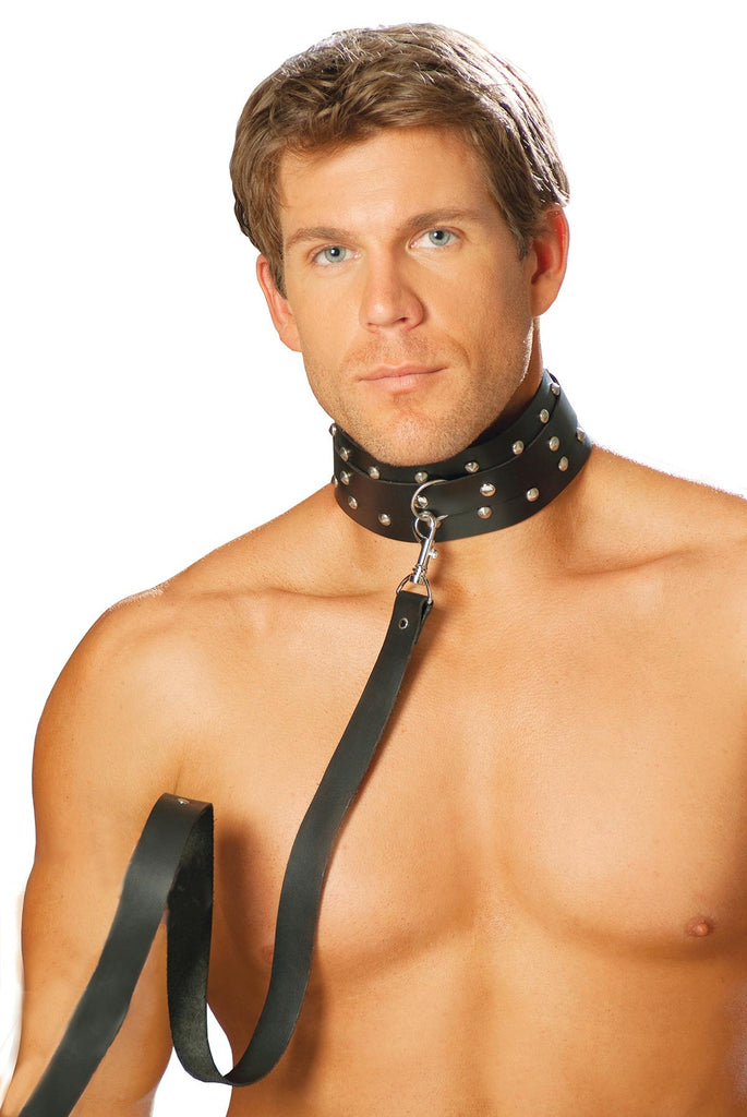 Men's leather collar with studs and O ring.