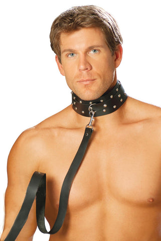 Men's leather collar with studs and O ring.